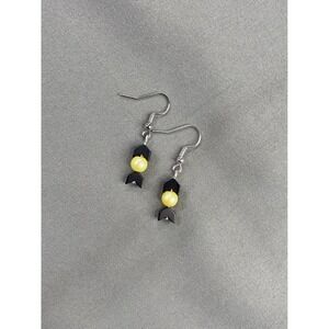 Handmade Beaded Dangle Earrings Black Yellow‎ Silver Tone Jewelry NEW